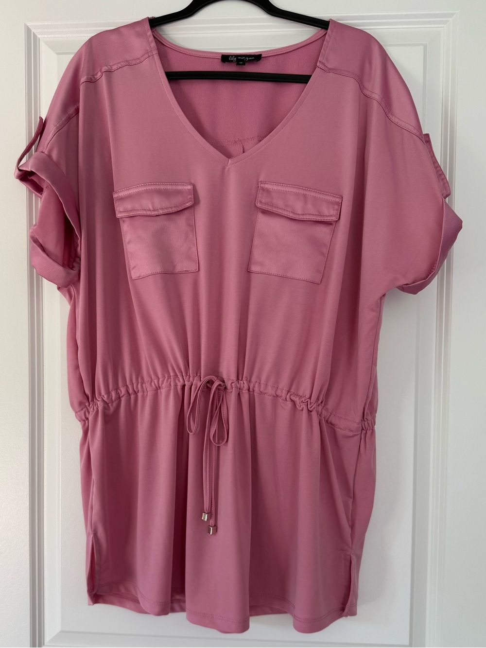 V-Neck Drawstring Tunic with Front Pockets - Dusty Rose
